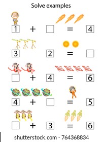 Solve examples kids game. Preschool kindergarten worksheet.  