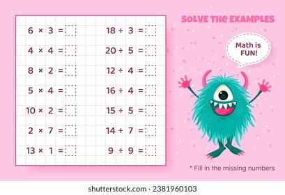 Resuelva los ejemplos. Multiplicación y división hasta 20. Juego de rompecabezas matemático. Hoja de trabajo para niños preescolares. Ilustración vectorial. Juego educativo de caricatura con un monstruo lindo para los niños.