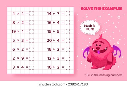 Solve the examples. Multiplication and division up to 20. Mathematical puzzle game. Worksheet for preschool kids. Vector illustration. Cartoon educational game with cute monster for children.