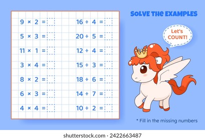 Resuelva los ejemplos. Multiplicación y división hasta 20. Juego de rompecabezas matemático. Hoja de trabajo para niños preescolares. Ilustración vectorial. Juego educativo de dibujos animados con un lindo pony para los niños.