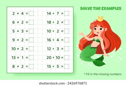 Resuelve los ejemplos. Multiplicación y división hasta 20. Juego de rompecabezas matemático. Hoja de trabajo para niños preescolares. Ilustración vectorial. Juego educativo de dibujos animados con sirena linda para los niños.