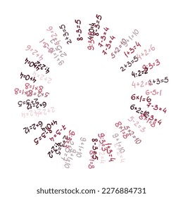 Solve examples. Round pattern of randomly placed different mathematical examples. Adding, subtraction, multiplying and dividing. Color school template, mathematics poster. Vector illustration