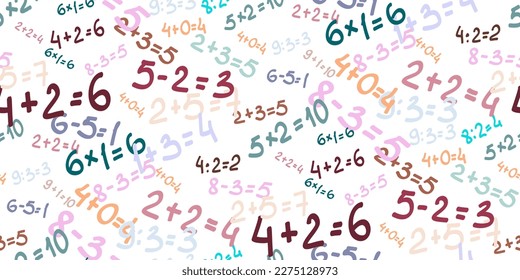 Solve examples. Seamless background of randomly placed different mathematical examples. Adding, subtraction, multiplying and dividing. Color school template, mathematics poster. Vector illustration