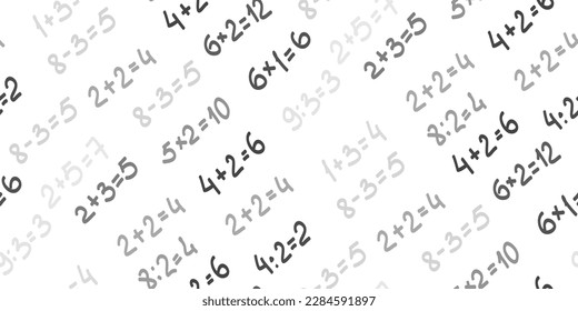 Solve examples. Seamless background of randomly placed different mathematical examples. Adding, subtraction, multiplying and dividing. School template, mathematics poster on white. Vector illustration