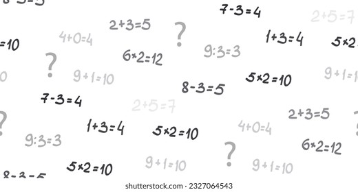 Lösen Sie Beispiele. Nahtloser Hintergrund von zufällig platzierten verschiedenen mathematischen Beispielen. Addieren, Subtraktion, Multiplizieren und Teilen. Schulvorlage, Mathematik-Poster auf Weiß. Vektorgrafik