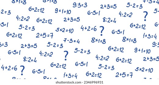 Lösen Sie Beispiele. Nahtloser Hintergrund von zufällig platzierten verschiedenen mathematischen Beispielen. Addieren, Subtraktion, Multiplizieren und Teilen. Schulvorlage, Mathematik-Poster auf Weiß. Vektorgrafik