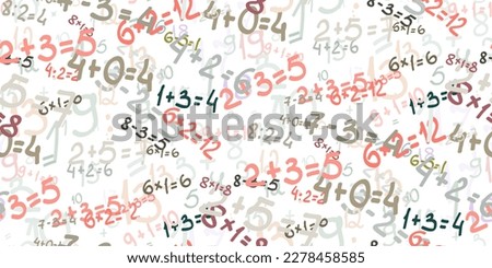 Solve examples. Seamless background of randomly placed different mathematical examples. Adding, subtraction, multiplying and dividing. Color school template, mathematics poster. Vector illustration