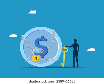 Solve the financial crisis. man uses key to unlock coins from chains