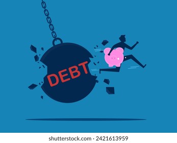 Solve financial problems. Businessman unlocking debt vector with savings 
