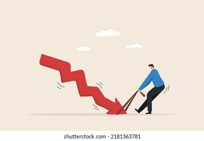 Solve investment problems in times of crisis. Effort to win business challenge. Stock market or crypto currency crash. Businessman tries to pull an arrow pointing up.