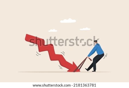 Solve investment problems in times of crisis. Effort to win business challenge. Stock market or crypto currency crash. Businessman tries to pull an arrow pointing up.