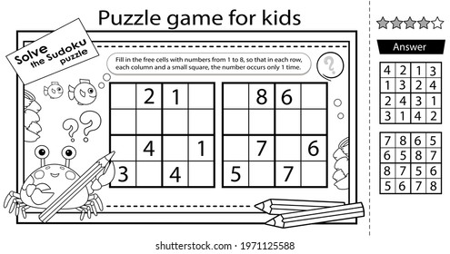 Solve the marine sudoku puzzle together with the fun crab. Logic puzzle for kids. Education game for children. Coloring Page. Worksheet vector design for schoolers.