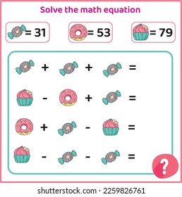 Solve the math equation. Cartoon Valentine's Day items Math worksheet. Logic task. 