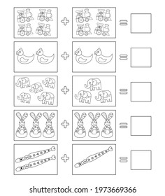 Solve math examples for addition. Fold toys. Educational game for kids. Coloring page.