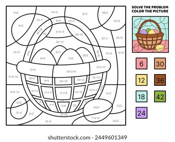 Solve the problem, color the picture. Basket with easter eggs. Coloring book. Addition, subtraction, multiplication, division. Coloring book. Coloring book. Kawaii, cartoon, vector. Isolated vector il