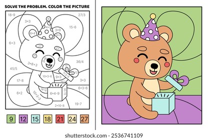 Resolva o problema, colorir a imagem. Urso está abrindo presente de aniversário. Adição, Subtração, multiplicação, divisão. Livro de colorir. Kawaii, desenho animado, vetor. Ilustração vetorial isolada eps 10