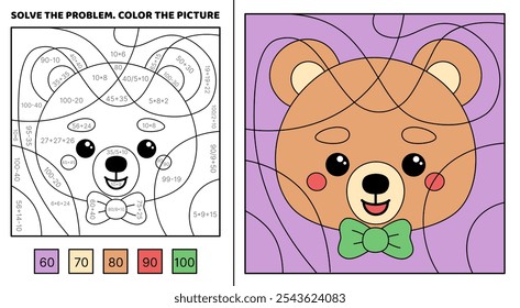 Resuelve el problema, colorea la imagen. Oso chico con pajarita verde. Suma, resta, multiplicación, división. Libro para colorear. Kawaii, dibujos animados, Vector. Ilustración vectorial aislada eps 10