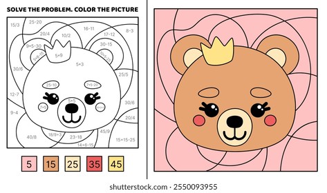 Resuelve el problema, colorea la imagen. Oso princesa con corona. Suma, resta, multiplicación, división. Libro para colorear. Kawaii, dibujos animados, Vector. Ilustración vectorial aislada eps 10
