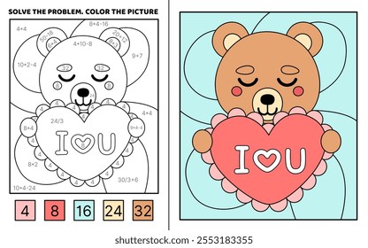 Resolva o problema, colorir a imagem. Urso e grande coração eu te amo. Adição, Subtração, multiplicação, divisão. Livro de colorir. Kawaii, desenho animado, vetor. Ilustração vetorial isolada eps 10
