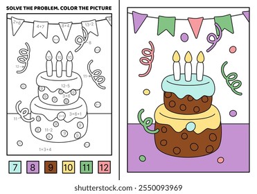 Resolva o problema, colorir a imagem. Grande bolo de aniversário com velas acesas. Livro de colorir. Adição, Subtração. Kawaii, desenho animado, vetor. Ilustração vetorial isolada eps 10
