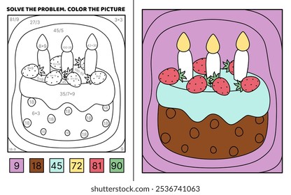 Resolva o problema, colorir a imagem. Bolo de aniversário com morangos e velas. Adição, Subtração, multiplicação, divisão. Livro de colorir. Kawaii, desenho animado, vetor. Ilustração isolada de vetor