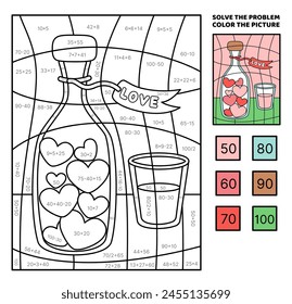 Solve the problem, color the picture. Bottle and glass with love drink. Addition, subtraction, multiplication, division. Coloring book. Cartoon, vector. Isolated vector illustration eps 10