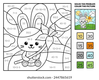 Solve the problem, color the picture. Bunny and big narcissus. Addition, subtraction, multiplication, division. Coloring book. Coloring book. Kawaii, cartoon, vector. Isolated vector illustration eps 