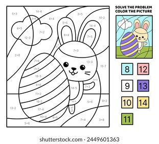 Solve the problem, color the picture. Bunny and big Easter egg. Addition, Subtraction. Coloring book. Coloring book. Kawaii, cartoon, vector. Isolated vector illustration eps 10