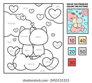 Solve the problem, color the picture. Cat couple in love on a pink cloud. Addition, subtraction, multiplication, division. Coloring book. Cartoon, vector. Isolated vector illustration eps 10