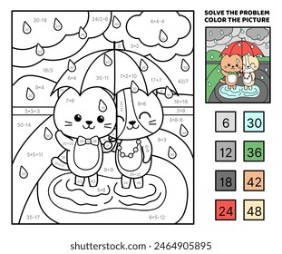 Lösen Sie das Problem, färben Sie das Bild. Katzen unter rotem Schirm. Addition, Subtraktion, Multiplikation, Division. Malbuch. Cartoon, Vektorgrafik. Isolierte Vektorillustration eps 10