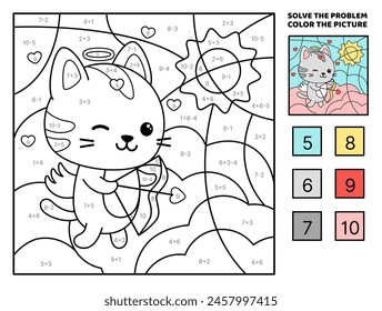 Solve the problem, color the picture. Cupid kitten on the cloud. Addition, Subtraction. Coloring book. Cartoon, vector. Isolated vector illustration eps 10