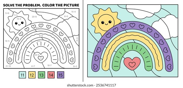 Resolva o problema, colorir a imagem. Bela chuva com sol e nuvens no céu. Adição, Subtração, multiplicação, divisão. Livro de colorir. Kawaii, desenho animado, vetor. Ilustração isolada de vetor