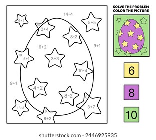 Solve the problem, color the picture. Easter egg decorated stars. Coloring book. Addition, subtraction, multiplication, division. Coloring book. Coloring book. Kawaii, cartoon, vector. Isolated vector