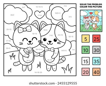 Resuelva el problema, coloree la imagen. Chica y niño gatitos en el amor. Gato. Suma, resta, multiplicación, división. Libro de colorear. Caricatura, Vector. Ilustración vectorial aislada eps 10