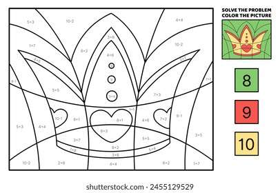 Solve the problem, color the picture. Gold crown decorated red hearts. Addition, subtraction. Coloring book. Cartoon, vector. Isolated vector illustration eps 10