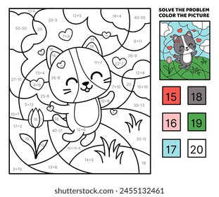 Solve the problem, color the picture. Happy black cat in love. Kitten. Addition, Subtraction. Coloring book. Cartoon, vector. Isolated vector illustration eps 10