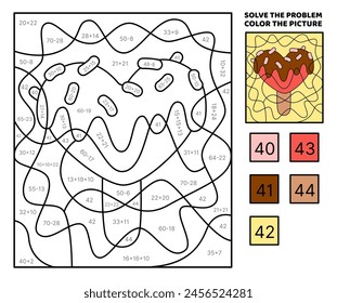 Solve the problem, color the picture. Heart Ice cream in chocolate glaze. Addition, subtraction. Coloring book. Cartoon, vector. Isolated vector illustration eps 10