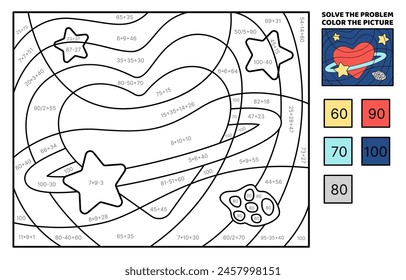 Solve the problem, color the picture. Heart planet with orbit and stars. Addition, subtraction, multiplication, division. Coloring book. Cartoon, vector. Isolated vector illustration eps 10