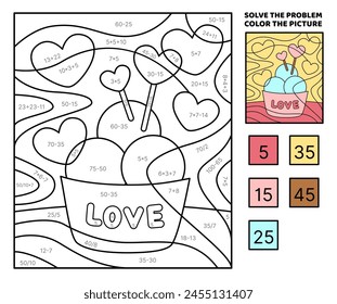 Lösen Sie das Problem, färben Sie das Bild. Eisschaufeln in Papiertasse. Addition, Subtraktion, Multiplikation, Division. Malbuch. Cartoon, Vektorgrafik. Isolierte Vektorillustration eps 10