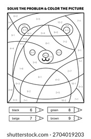Solve the problem, color the picture. Kawaii bear. Black and white. Coloring book. Vector