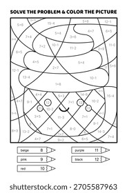 Resuelve el problema, colorea la imagen. Helado rosa kawaii. Blanco y negro. Libro para colorear. Vector