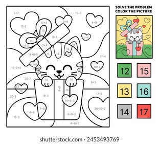 Solve the problem, color the picture. Kitten in pink gift box. Addition, Subtraction. Coloring book. Cartoon, vector. Isolated vector illustration eps 10