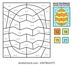 Solve the problem, color the picture. Orange Easter egg. Coloring book. Addition, subtraction, multiplication, division. Coloring book. Coloring book. Cartoon, vector. Isolated vector illustra