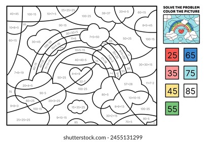 Solve the problem, color the picture. Rainbow in the sky with heart. Addition, subtraction, multiplication, division. Coloring book. Cartoon, vector. Isolated vector illustration eps 10