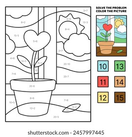 Solve the problem, color the picture. Red flower in pot on sill. Heart. Addition, subtraction. Coloring book. Cartoon, vector. Isolated vector illustration eps 10