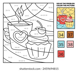 Solve the problem, color the picture. Red cup and cherry cupcake. Addition, subtraction. Coloring book. Cartoon, vector. Isolated vector illustration eps 10