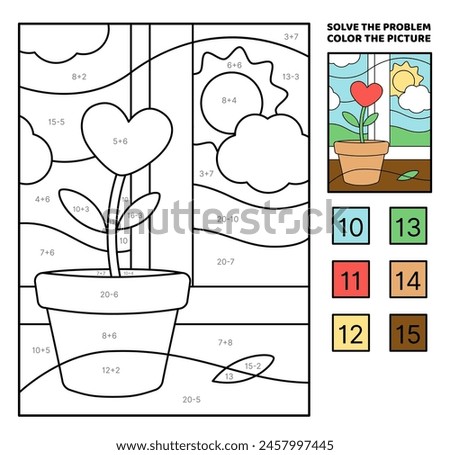 Solve the problem, color the picture. Red flower in pot on sill. Heart. Addition, subtraction. Coloring book. Cartoon, vector. Isolated vector illustration eps 10
