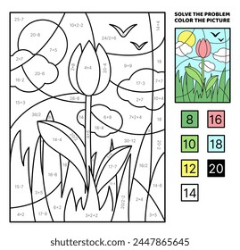 Solve the problem, color the picture. Spring landscape with pink tulip. Addition, subtraction, multiplication, division. Coloring book. Coloring book. Kawaii, cartoon, vector. Isolated vector illustra