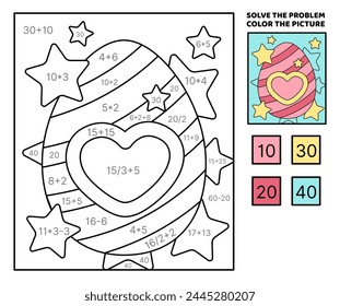 Solve the problem, color the picture. Striped pink egg with heart and stars. Coloring book. Addition, subtraction, multiplication, division. Coloring book. Coloring book. Kawaii, cartoon, vector. Isol