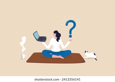 Solve problem, contemplation or relaxation help find solution, focus or calm mindfulness to get answer, understanding or brainstorming concept, businesswoman lotus meditate to solve work problem.